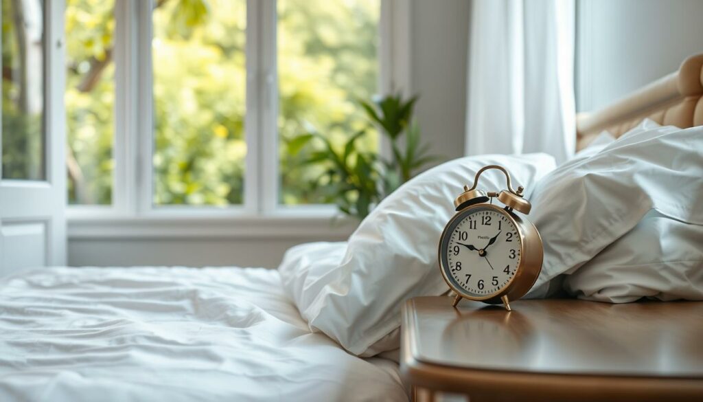 A serene bedroom with a comfortable-looking bed, crisp white sheets, and plush pillows. The lighting is soft and natural, streaming in through large windows overlooking a lush, tranquil garden. On the bedside table, an old-fashioned analog clock gently ticks, emphasizing the importance of maintaining a consistent sleep routine. The overall atmosphere is one of peaceful rest and rejuvenation, reflecting the benefits of establishing a regular sleep schedule. A serene bedroom with a comfortable-looking bed, crisp white sheets, and plush pillows. The lighting is soft and natural, streaming in through large windows overlooking a lush, tranquil garden. On the bedside table, an old-fashioned analog clock gently ticks, emphasizing the importance of maintaining a consistent sleep routine. The overall atmosphere is one of peaceful rest and rejuvenation, reflecting the benefits of establishing a regular sleep schedule.
