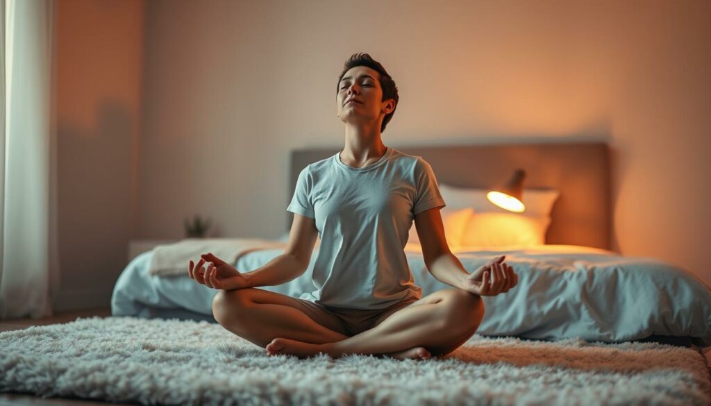 A serene, dimly lit bedroom scene with a person sitting cross-legged on a soft, plush rug, their eyes closed in meditation. Warm, diffused lighting from a bedside lamp casts a gentle glow, creating an atmosphere of tranquility. The person's breathing is visible, their chest rising and falling rhythmically, as they practice calming, mindful breathing techniques. The background is blurred, keeping the focus on the person and their relaxation exercise. The overall mood is one of peace, relaxation, and inner harmony. A serene, dimly lit bedroom scene with a person sitting cross-legged on a soft, plush rug, their eyes closed in meditation. Warm, diffused lighting from a bedside lamp casts a gentle glow, creating an atmosphere of tranquility. The person's breathing is visible, their chest rising and falling rhythmically, as they practice calming, mindful breathing techniques. The background is blurred, keeping the focus on the person and their relaxation exercise. The overall mood is one of peace, relaxation, and inner harmony.