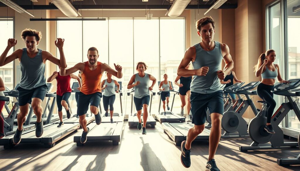 A spacious, well-equipped gym setting with people engaged in various high-intensity cardio exercises. In the foreground, a group of individuals performing jumping jacks, their limbs outstretched in a dynamic, coordinated motion, sweat glistening on their faces. In the middle ground, several treadmills occupied by runners, their strides powerful and purposeful, faces flushed with exertion. In the background, a row of stationary bikes with cyclists pedaling furiously, their legs a blur of motion. Bright, natural lighting filters in through large windows, casting a warm, energetic glow over the scene. The overall atmosphere is one of focused intensity, with a sense of determination and a drive to push the limits of physical endurance.
