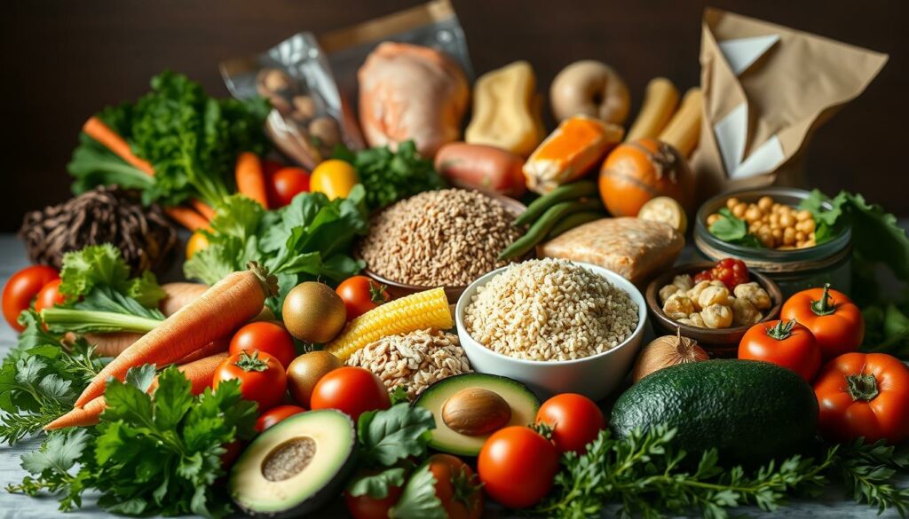 A still life composition showcasing an assortment of essential ingredients for healthy meals. In the foreground, an array of vibrant fruits and vegetables including leafy greens, carrots, tomatoes, and avocado. In the middle ground, a variety of whole grains such as quinoa, brown rice, and whole wheat pasta. In the background, a selection of lean protein sources like chicken, salmon, and legumes. The scene is lit by soft, natural light, creating a warm, inviting atmosphere. The overall composition conveys a sense of nourishment, balance, and the building blocks for crafting nutritious, satisfying meals. A still life composition showcasing an assortment of essential ingredients for healthy meals. In the foreground, an array of vibrant fruits and vegetables including leafy greens, carrots, tomatoes, and avocado. In the middle ground, a variety of whole grains such as quinoa, brown rice, and whole wheat pasta. In the background, a selection of lean protein sources like chicken, salmon, and legumes. The scene is lit by soft, natural light, creating a warm, inviting atmosphere. The overall composition conveys a sense of nourishment, balance, and the building blocks for crafting nutritious, satisfying meals.