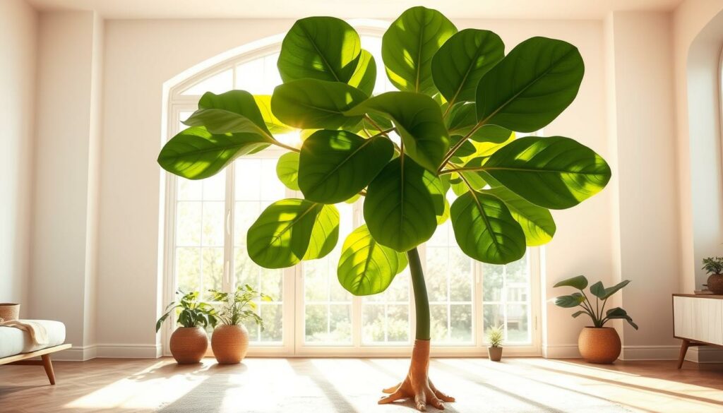 A sun-dappled fiddle leaf fig stands majestically in an airy, minimalist living room, its lush foliage framed by a large, picture window. The vibrant green leaves catch the warm, golden light streaming in, creating a serene and natural ambiance. The fig is positioned slightly off-center, allowing the window's architectural details to complement its form. A simple, neutral-toned rug and a few scattered potted plants complete the tranquil, biophilic scene, inviting the viewer to imagine the perfect spot to nurture and admire this captivating houseplant. A sun-dappled fiddle leaf fig stands majestically in an airy, minimalist living room, its lush foliage framed by a large, picture window. The vibrant green leaves catch the warm, golden light streaming in, creating a serene and natural ambiance. The fig is positioned slightly off-center, allowing the window's architectural details to complement its form. A simple, neutral-toned rug and a few scattered potted plants complete the tranquil, biophilic scene, inviting the viewer to imagine the perfect spot to nurture and admire this captivating houseplant.