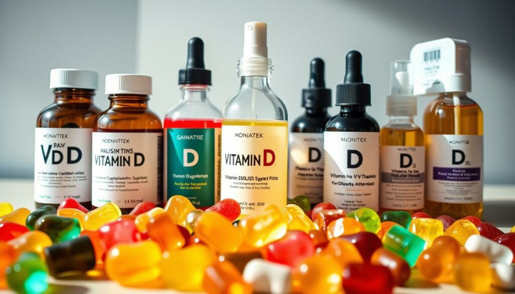 A vibrant and visually appealing display of various vitamin D supplement formats, showcasing a diverse array of options. In the foreground, an arrangement of colorful gummy vitamins in different shapes and sizes, their translucent texture reflecting the natural light. In the middle ground, a series of sleek glass bottles containing clear liquid vitamin D supplements, their labels highlighting key information. In the background, a collection of compact, stylish spray bottles, their modern design and matte finish complementing the overall aesthetic. The lighting is soft and natural, creating a warm, inviting atmosphere that emphasizes the quality and efficacy of these alternative vitamin D supplement formats. A vibrant and visually appealing display of various vitamin D supplement formats, showcasing a diverse array of options. In the foreground, an arrangement of colorful gummy vitamins in different shapes and sizes, their translucent texture reflecting the natural light. In the middle ground, a series of sleek glass bottles containing clear liquid vitamin D supplements, their labels highlighting key information. In the background, a collection of compact, stylish spray bottles, their modern design and matte finish complementing the overall aesthetic. The lighting is soft and natural, creating a warm, inviting atmosphere that emphasizes the quality and efficacy of these alternative vitamin D supplement formats.