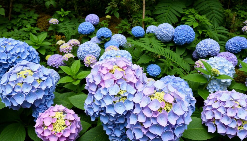A vibrant display of hydrangea macrophylla varieties in a lush, natural setting. In the foreground, delicate lacecap blooms in shades of blue, pink, and purple cascade gracefully, their intricate florets radiating outward. The middle ground features a mix of mophead and oakleaf hydrangeas, their large, rounded flowers and textured foliage creating a harmonious tapestry. In the background, a verdant backdrop of ferns, mosses, and other woodland plants sets the scene, bathed in soft, diffused lighting that accentuates the plants' vibrant hues. The composition captures the essence of these captivating hydrangea varieties, showcasing their unique characteristics and the beauty of this beloved flowering shrub. A vibrant display of hydrangea macrophylla varieties in a lush, natural setting. In the foreground, delicate lacecap blooms in shades of blue, pink, and purple cascade gracefully, their intricate florets radiating outward. The middle ground features a mix of mophead and oakleaf hydrangeas, their large, rounded flowers and textured foliage creating a harmonious tapestry. In the background, a verdant backdrop of ferns, mosses, and other woodland plants sets the scene, bathed in soft, diffused lighting that accentuates the plants' vibrant hues. The composition captures the essence of these captivating hydrangea varieties, showcasing their unique characteristics and the beauty of this beloved flowering shrub.