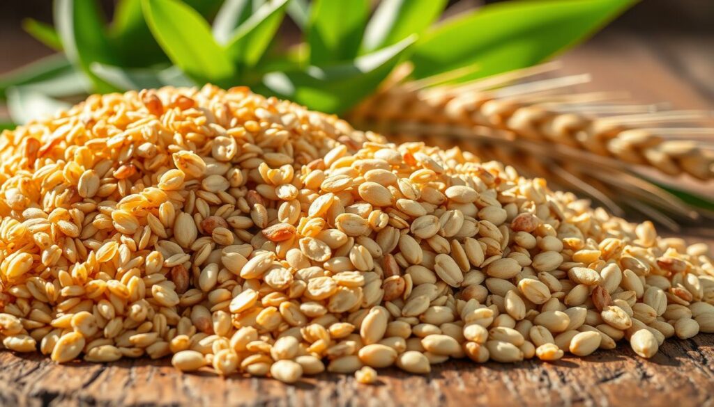 A vibrant, high-resolution image of a variety of whole grains, including brown rice, quinoa, oats, and whole wheat kernels, arranged artfully on a rustic wooden surface. The grains are illuminated by warm, natural lighting, casting gentle shadows and highlighting their earthy tones and textures. In the background, a lush, green plant or leaves provide a soothing, natural backdrop, conveying a sense of health and vitality. The overall composition is balanced and visually appealing, emphasizing the benefits and appeal of incorporating whole grains into a healthy, energizing diet.