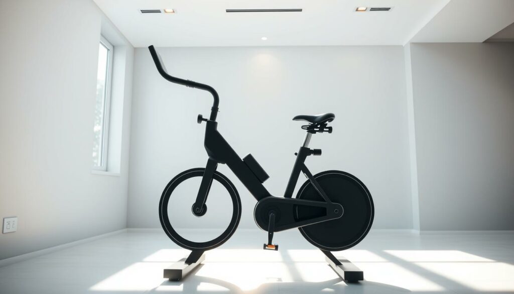 A well-designed indoor cycling ergonomic setup with a modern, minimalist aesthetic. A sleek, matte-black exercise bike stands prominently in the center of a bright, airy room, its clean lines and adjustable handlebars and seat emphasizing comfort and functionality. Soft, diffused natural light streams in through large windows, casting a warm glow over the scene. The bike is positioned on a slightly elevated platform, with a subtle, recessed lighting system illuminating the area. The background features a simple, soothing color palette of neutral grays and whites, allowing the bike to be the focal point. The overall impression is one of streamlined, high-quality design tailored for an optimal indoor cycling experience.