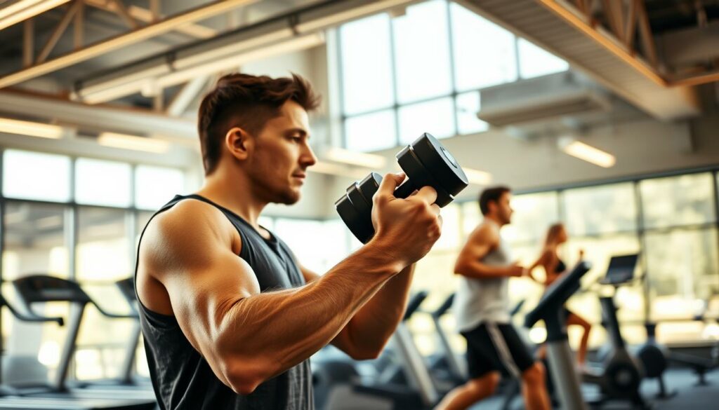 A well-equipped modern gym, filled with natural light. In the foreground, a person performing a resistance exercise with free weights, their muscles straining with effort. In the middle ground, another person running on a treadmill, their pace steady and focused. The background showcases various cardio and strength training equipment, creating a sense of a comprehensive fitness space. The lighting is bright and clear, with a slight warm tone that enhances the energy and dynamism of the scene. The overall composition conveys a harmonious integration of cardio and resistance training, reflecting the holistic approach to fitness. A well-equipped modern gym, filled with natural light. In the foreground, a person performing a resistance exercise with free weights, their muscles straining with effort. In the middle ground, another person running on a treadmill, their pace steady and focused. The background showcases various cardio and strength training equipment, creating a sense of a comprehensive fitness space. The lighting is bright and clear, with a slight warm tone that enhances the energy and dynamism of the scene. The overall composition conveys a harmonious integration of cardio and resistance training, reflecting the holistic approach to fitness.