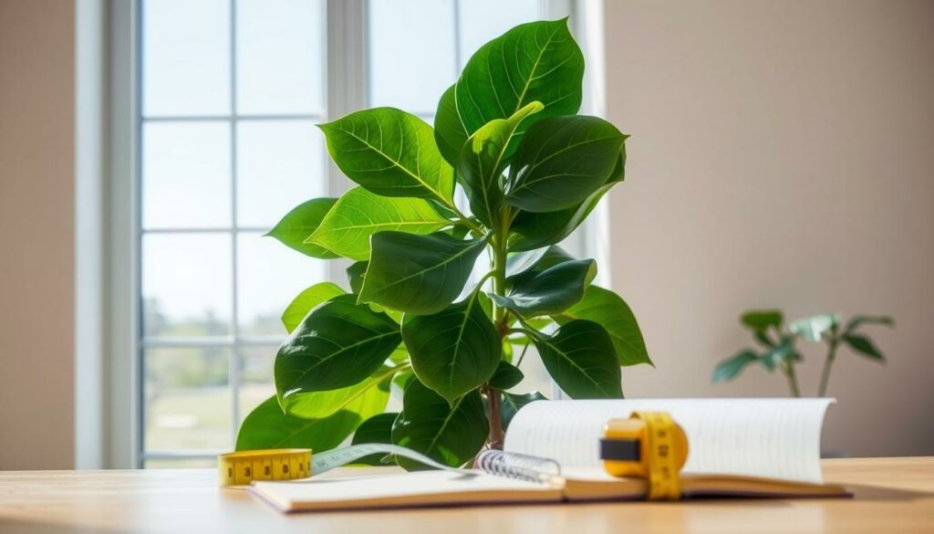 A well-lit, airy room with a large window overlooking a lush, verdant fiddle leaf fig plant. The plant is the focal point, its broad, glossy leaves catching the natural light filtering in. In the foreground, a tape measure and a notebook lie open, suggesting a meticulous assessment of the plant's environment. The background features a neutral-toned wall, allowing the vibrant green of the plant to stand out. The scene conveys a sense of calm, contemplation, and a careful, analytical approach to understanding the optimal conditions for the fiddle leaf fig's growth and thriving. A well-lit, airy room with a large window overlooking a lush, verdant fiddle leaf fig plant. The plant is the focal point, its broad, glossy leaves catching the natural light filtering in. In the foreground, a tape measure and a notebook lie open, suggesting a meticulous assessment of the plant's environment. The background features a neutral-toned wall, allowing the vibrant green of the plant to stand out. The scene conveys a sense of calm, contemplation, and a careful, analytical approach to understanding the optimal conditions for the fiddle leaf fig's growth and thriving.