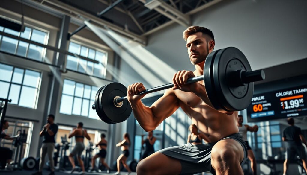 A well-lit gym interior with high ceilings and sleek, modern equipment. In the foreground, a muscular person engages in a strenuous barbell squat, their expression focused and determined. Beams of light from large windows cast dynamic shadows, highlighting the player's dynamic movement and the intensity of their workout. In the middle ground, other athletes perform various strength training exercises, their bodies glistening with sweat. The background features a wall-mounted display showing real-time calorie burn data, underscoring the calorie-torching effects of the strength training regimen.