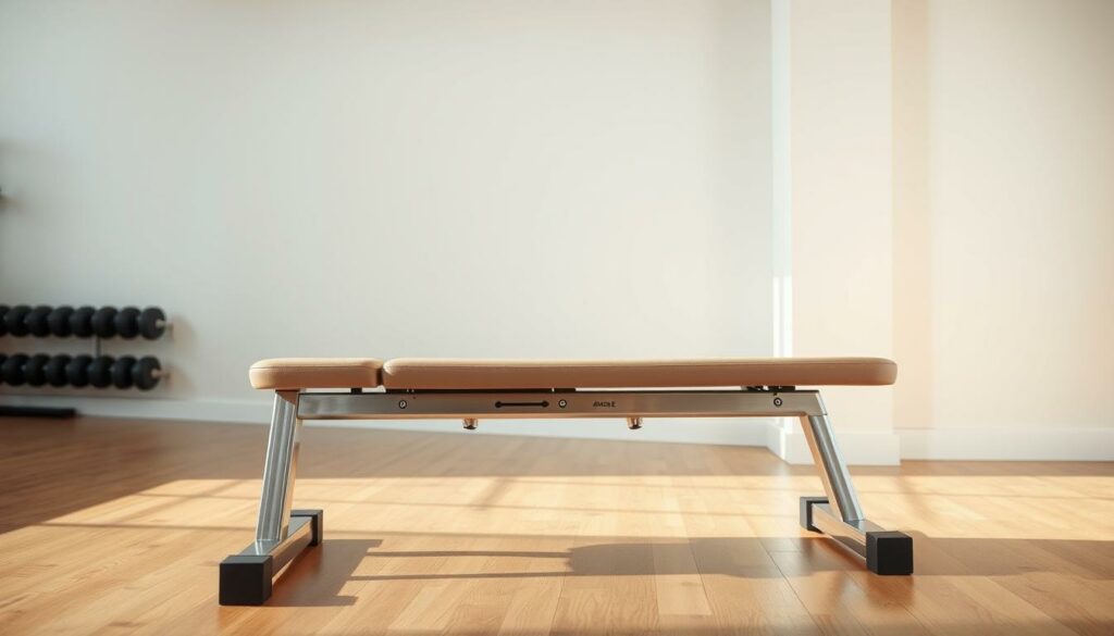 A well-lit, high-angle view of an adjustable weight bench with various angle settings clearly visible. The bench's frame is made of sturdy, brushed metal, and the padding is a plush, durable vinyl in a neutral color. The angles of the backrest are labeled with degree markings, allowing for precise customization of the workout experience. The bench is positioned in a clean, minimalist gym setting, with a hardwood floor and simple, uncluttered walls providing a calm, focused backdrop. Bright, diffused lighting from overhead casts a flattering glow, accentuating the bench's adjustability features and creating a sense of inviting functionality.
