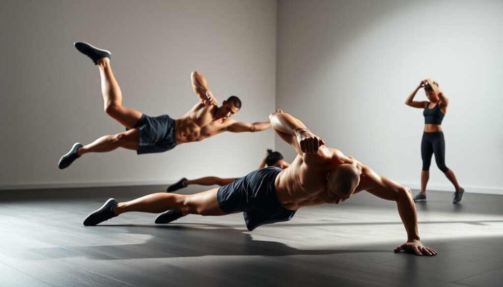 A well-lit, high-quality photographic studio scene depicting dynamic plank variations for core strength training. In the foreground, a person performs a side plank with leg raise, their body forming a strong diagonal line. In the middle ground, another person does a reverse plank with arm reach, showcasing excellent form and control. In the background, a third person holds a low plank with leg kicks, demonstrating functional core engagement. The lighting is soft and flattering, casting subtle shadows that accentuate the muscular contours. The camera angle is slightly elevated, capturing the movements from an empowering perspective. The overall mood is one of discipline, athleticism, and dedication to physical fitness.