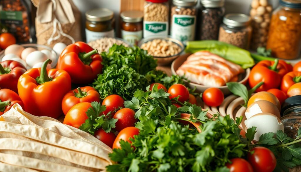 A well-lit, high-resolution image showcasing an assortment of balanced dinner ingredients. In the foreground, an array of fresh produce including vibrant bell peppers, ripe tomatoes, crisp greens, and fragrant herbs. In the middle ground, a selection of proteins such as lean chicken breasts, salmon fillets, and eggs. In the background, a variety of pantry staples like whole grains, canned beans, and jars of flavorful sauces. The lighting is soft and natural, highlighting the colors and textures of the ingredients. The camera angle is slightly elevated, creating a sense of harmony and balance across the composition. The overall mood is one of culinary inspiration and the promise of versatile, nutritious meals.