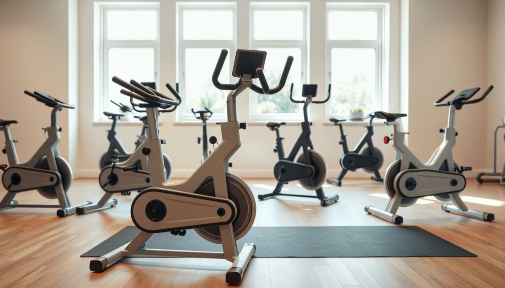 A well-lit home gym showcasing a collection of budget-friendly exercise bikes. In the foreground, several stationary bikes in neutral tones - gray, black, and white - stand ready for an intense cardio session. Their sleek, minimalist designs emphasize functionality over flashiness. In the middle ground, the bikes are positioned against a backdrop of bright, airy windows, allowing natural light to filter in and create a warm, inviting atmosphere. The floor is covered in a durable, low-profile exercise mat, completing the practical, no-frills aesthetic. The overall mood is one of accessibility and affordability, catering to those seeking effective home workout solutions without the premium price tag.