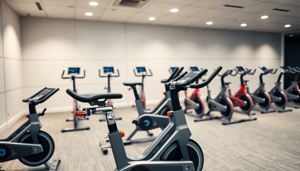 A well-lit indoor cycling studio with a variety of modern exercise bikes arranged in a symmetrical layout. In the foreground, a sleek, high-end stationary bike with a large digital display and ergonomic design. In the middle ground, a row of similar bikes in various colors, inviting the viewer to imagine themselves working out. The background features a minimalist, neutral-toned decor with clean lines, creating a serene and focused atmosphere. Soft, diffused lighting from overhead fixtures illuminates the scene, highlighting the bikes' polished surfaces. The overall impression is one of a high-quality, professional-grade indoor cycling experience.