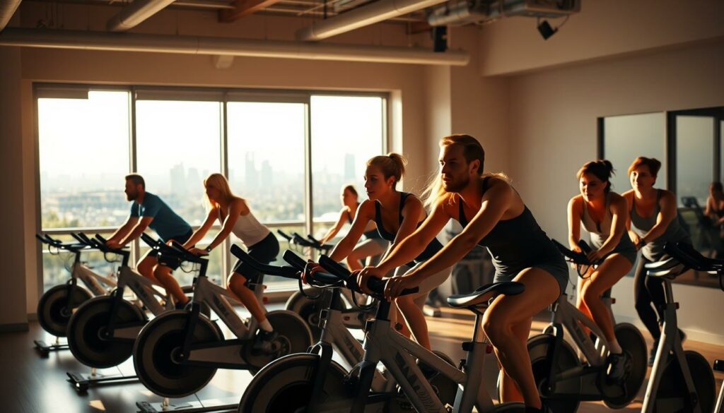 A well-lit indoor cycling studio, with warm, natural lighting filtering through large windows. In the foreground, a group of people on stationary bikes, their faces flushed with exertion, as they pedal in sync to an upbeat, energetic soundtrack. The middle ground features state-of-the-art exercise equipment, sleek and modern, complementing the minimalist, yet inviting decor. In the background, a panoramic view of a vibrant cityscape, a testament to the convenience and versatility of indoor cycling. The overall atmosphere is one of health, wellness, and a sense of community, capturing the appeal and benefits of this dynamic fitness activity.
