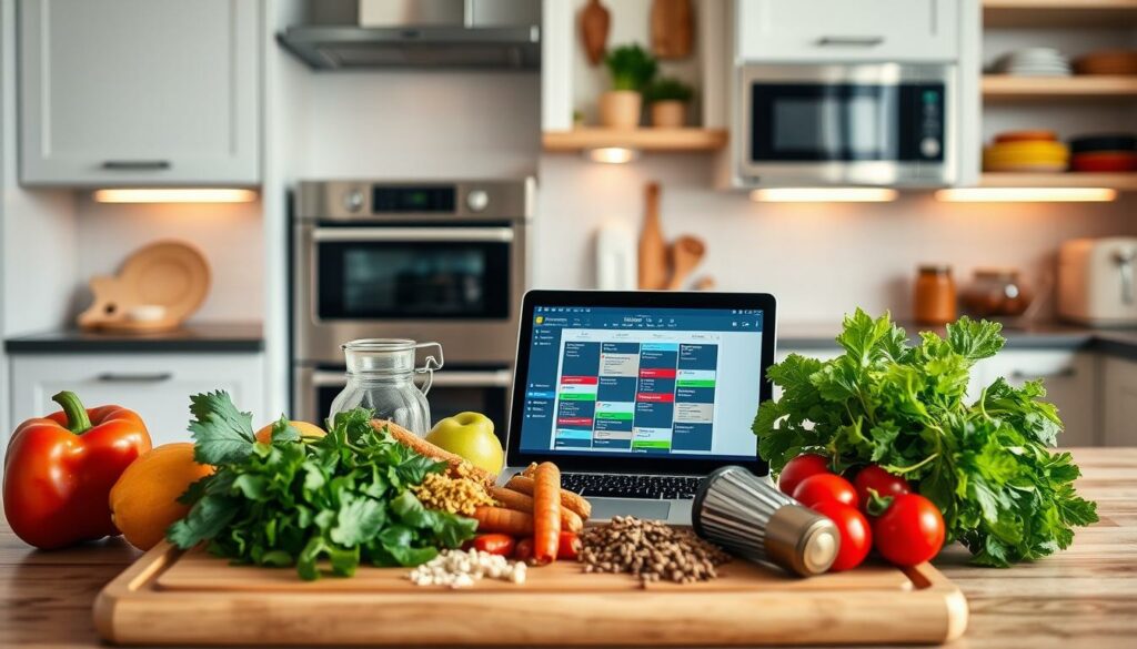 A well-lit, inviting kitchen scene with a central focus on a neatly organized meal planning setup. In the foreground, a wooden cutting board displays an array of fresh ingredients, including vegetables, herbs, and seasonings. In the middle ground, a laptop or tablet displays a digital meal planning app or spreadsheet, surrounded by notes, recipes, and a weekly calendar. The background features sleek, modern kitchen appliances and storage solutions, conveying a sense of efficiency and preparedness. The overall atmosphere is one of calm, purposeful organization, encouraging the viewer to envision a streamlined approach to quick and easy meal preparation.