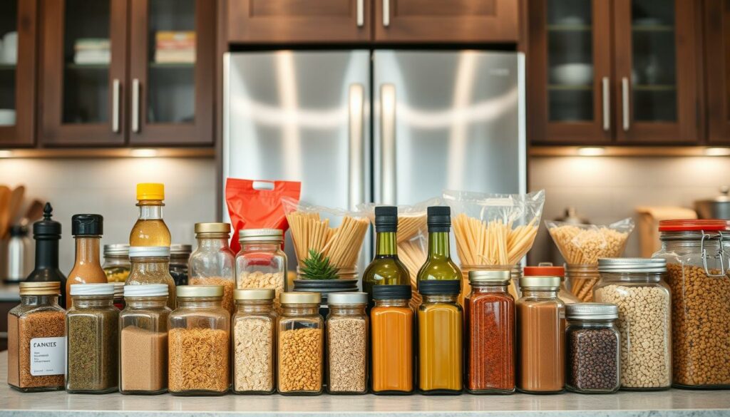 A well-lit, organized kitchen counter showcases an array of classic pantry flavor essentials. In the foreground, an assortment of glass jars and bottles containing spices, herbs, oils, and vinegars are meticulously arranged. The middle ground features a variety of dried goods like pasta, grains, and legumes in neutral-toned containers. In the background, a sleek, stainless-steel refrigerator provides a clean, modern backdrop. The overall scene conveys a sense of culinary preparedness, with the pantry items exuding a warm, earthy palette and a mood of efficiency and versatility, ready to enable quick and easy meal preparation.