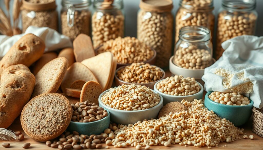 A well-lit still life showcasing an assortment of wholesome grains and legumes. In the foreground, a variety of whole grain breads, rolls, and crackers are arranged neatly. In the middle ground, there are bowls filled with hearty lentils, quinoa, farro, and bulgur. The background features jars of dried beans, chickpeas, and split peas. The lighting is soft and natural, casting gentle shadows and highlighting the rich colors and textures of the ingredients. The composition is balanced and inviting, conveying a sense of nutritious abundance and culinary potential. A well-lit still life showcasing an assortment of wholesome grains and legumes. In the foreground, a variety of whole grain breads, rolls, and crackers are arranged neatly. In the middle ground, there are bowls filled with hearty lentils, quinoa, farro, and bulgur. The background features jars of dried beans, chickpeas, and split peas. The lighting is soft and natural, casting gentle shadows and highlighting the rich colors and textures of the ingredients. The composition is balanced and inviting, conveying a sense of nutritious abundance and culinary potential.