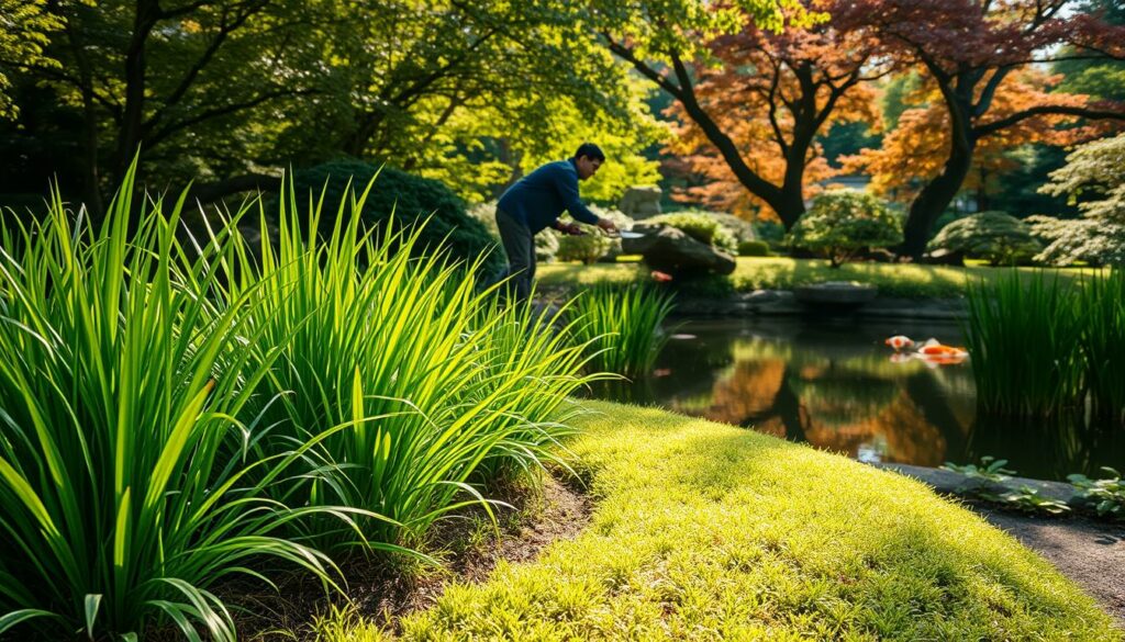 A well-manicured Japanese sedge garden in a serene, natural setting. In the foreground, several clumps of the lush, emerald-green sedge sway gently in a soft breeze. The middle ground showcases a gardener meticulously pruning the sedge with precision shears, maintaining its tidy, uniform appearance. In the background, a tranquil koi pond reflects the dappled sunlight filtering through the canopy of nearby Japanese maple trees. The scene is bathed in a warm, golden glow, conveying a sense of calm and harmony. A crisp, high-resolution image captured with a wide-angle lens to emphasize the serene, contemplative atmosphere. A well-manicured Japanese sedge garden in a serene, natural setting. In the foreground, several clumps of the lush, emerald-green sedge sway gently in a soft breeze. The middle ground showcases a gardener meticulously pruning the sedge with precision shears, maintaining its tidy, uniform appearance. In the background, a tranquil koi pond reflects the dappled sunlight filtering through the canopy of nearby Japanese maple trees. The scene is bathed in a warm, golden glow, conveying a sense of calm and harmony. A crisp, high-resolution image captured with a wide-angle lens to emphasize the serene, contemplative atmosphere.