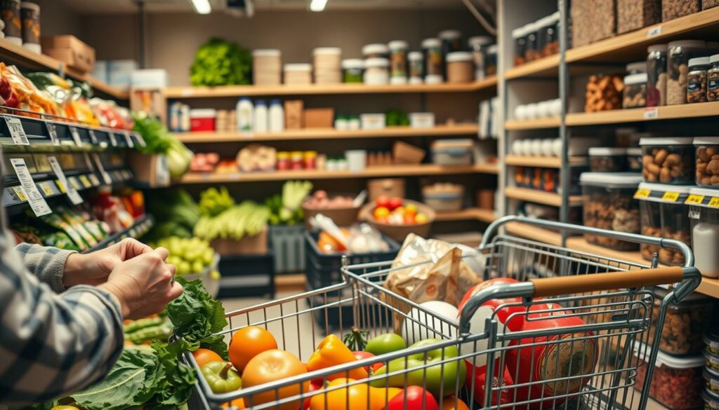 A well-organized and visually engaging image depicting "smart grocery shopping strategies" for a section titled "Smart Shopping and Storage Tips" in an article about stocking a pantry for quick and easy meals. In the foreground, a shopper's hands carefully selecting fresh produce, examining labels and prices. In the middle ground, a grocery cart filled with a variety of healthy, shelf-stable ingredients. In the background, neatly arranged kitchen shelves and storage containers, showcasing efficient organizational methods. The scene is illuminated by warm, natural lighting, captured with a wide-angle lens to provide a comprehensive view. The overall mood is one of thoughtfulness, organization and efficiency - conveying the practicality and benefits of smart grocery shopping strategies. Prompt A well-organized grocery store scene with a shopper carefully selecting fresh produce, a cart filled with healthy, shelf-stable ingredients, and neatly arranged kitchen shelves showcasing efficient storage methods, all