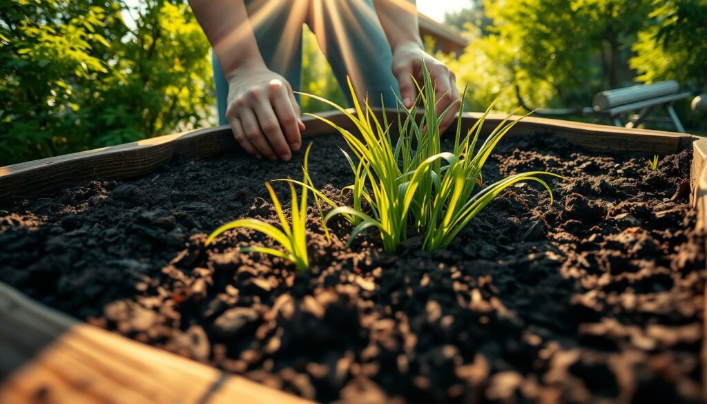 An outdoor scene of a Japanese garden, featuring a close-up view of a sedge plant in a raised planter. The soil is being carefully prepared, with a gardener's hands gently turning and loosening the dark, nutrient-rich earth. Rays of warm, golden sunlight filter through the lush, verdant foliage surrounding the planter, creating a serene and tranquil atmosphere. The composition emphasizes the textures and details of the soil, accentuating its optimal conditions for growing Japanese sedge. The camera angle is low, providing an intimate perspective that draws the viewer into the gardening process. The overall mood is one of harmony, diligence, and a deep connection with the natural world. An outdoor scene of a Japanese garden, featuring a close-up view of a sedge plant in a raised planter. The soil is being carefully prepared, with a gardener's hands gently turning and loosening the dark, nutrient-rich earth. Rays of warm, golden sunlight filter through the lush, verdant foliage surrounding the planter, creating a serene and tranquil atmosphere. The composition emphasizes the textures and details of the soil, accentuating its optimal conditions for growing Japanese sedge. The camera angle is low, providing an intimate perspective that draws the viewer into the gardening process. The overall mood is one of harmony, diligence, and a deep connection with the natural world.