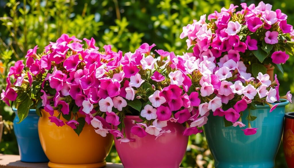 Colorful petunias cascading from vibrant ceramic containers, bathed in warm, natural lighting. A lush, verdant backdrop frames the scene, creating a charming and inviting display. The petunias, in shades of pink, purple, and white, spill over the container edges, showcasing their delicate, ruffled blooms. The containers, varying in size and shape, are arranged artfully, adding depth and visual interest. Soft shadows and highlights accentuate the textural details of the flowers and pottery. The overall composition exudes a sense of joy and celebration, perfect for a section on container gardening and planting techniques for petunias. Colorful petunias cascading from vibrant ceramic containers, bathed in warm, natural lighting. A lush, verdant backdrop frames the scene, creating a charming and inviting display. The petunias, in shades of pink, purple, and white, spill over the container edges, showcasing their delicate, ruffled blooms. The containers, varying in size and shape, are arranged artfully, adding depth and visual interest. Soft shadows and highlights accentuate the textural details of the flowers and pottery. The overall composition exudes a sense of joy and celebration, perfect for a section on container gardening and planting techniques for petunias.
