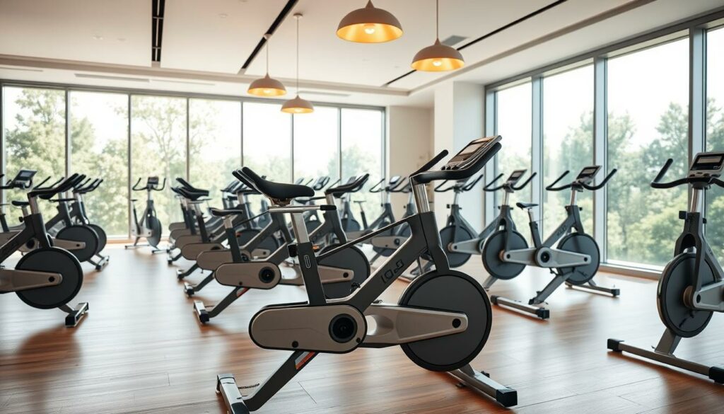 High-end indoor cycling studio with premium features. A modern, well-lit room with sleek, state-of-the-art stationary bikes arranged in a tiered layout. The bikes have a minimalist, contemporary design with adjustable magnetic resistance, advanced performance tracking, and seamless connectivity. The floor is a smooth, polished hardwood. The walls feature floor-to-ceiling windows allowing ample natural light to flood the space, creating a bright, airy atmosphere. Overhead, stylish pendant lights illuminate the scene. The overall ambiance exudes a sense of exclusivity, sophistication, and technological innovation, perfect for a premium fitness experience.