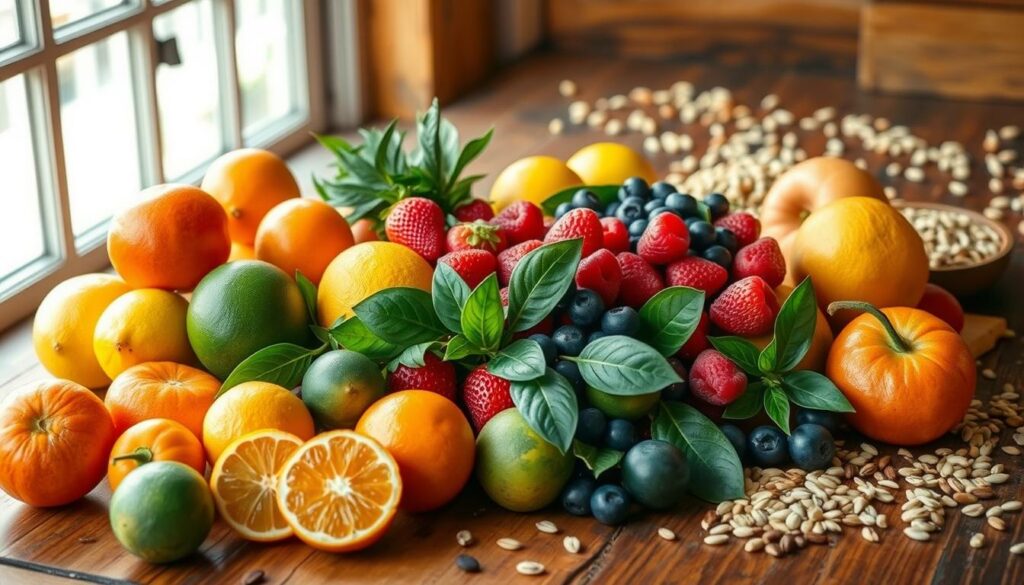 Ripe, vibrant fruits arranged on a rustic wooden table, illuminated by natural lighting from a large window. In the foreground, a mix of citrus fruits - oranges, lemons, and limes - showcasing their vibrant colors and juicy textures. In the middle ground, a variety of berries - strawberries, raspberries, and blueberries - nestled among green leaves, hinting at their sweetness and fiber content. In the background, a scattering of whole grains, nuts, and seeds, complementing the fruit bounty. The scene conveys a sense of freshness, health, and abundance, inviting the viewer to explore the nutritional benefits of this curated selection of natural, wholesome ingredients.