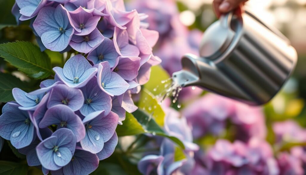 a detailed close-up shot of a lacecap hydrangea in full bloom, with soft, even natural lighting illuminating the delicate flowers and leaves. The foreground features the hydrangea's vibrant blue-pink hues, with the large, flat flower clusters and smaller, tightly-packed buds visible. The middle ground shows a gardener's hand gently watering the plant using a small watering can, with droplets of water glistening on the foliage. The background is blurred, creating a sense of depth and focus on the hydrangea and watering technique. The overall scene conveys a serene, nurturing atmosphere, highlighting the care and attention required to properly water and maintain a healthy lacecap hydrangea. a detailed close-up shot of a lacecap hydrangea in full bloom, with soft, even natural lighting illuminating the delicate flowers and leaves. The foreground features the hydrangea's vibrant blue-pink hues, with the large, flat flower clusters and smaller, tightly-packed buds visible. The middle ground shows a gardener's hand gently watering the plant using a small watering can, with droplets of water glistening on the foliage. The background is blurred, creating a sense of depth and focus on the hydrangea and watering technique. The overall scene conveys a serene, nurturing atmosphere, highlighting the care and attention required to properly water and maintain a healthy lacecap hydrangea.