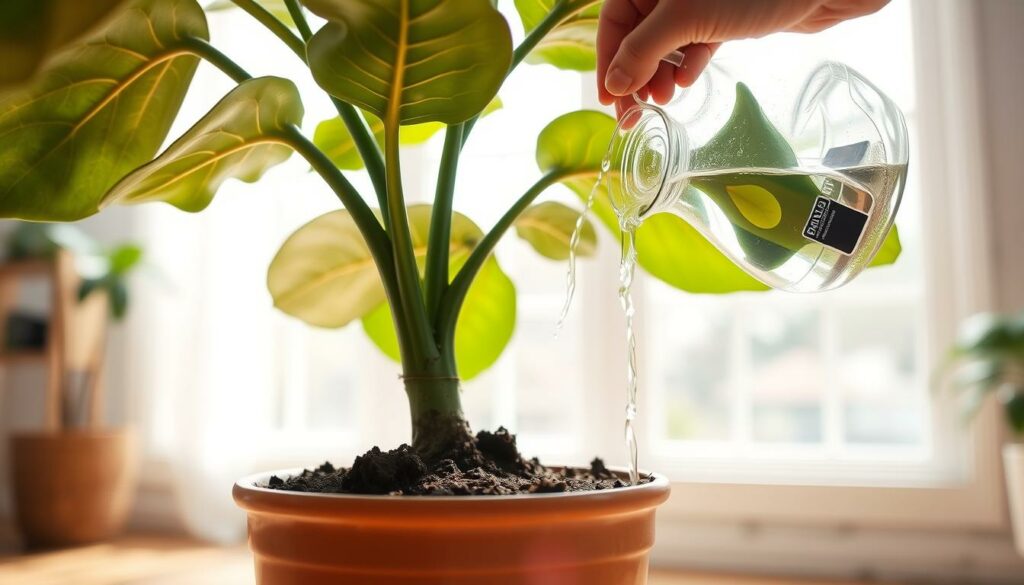 a detailed, realistic image of a fiddle leaf fig plant in a ceramic pot, shown from the side, with the soil surface and the lower part of the plant's trunk visible in the foreground. The middle ground shows the plant's lush, green leaves fanning out, and the background depicts a bright, airy room with natural light filtering in through a large window. The lighting is soft and diffused, creating a warm, serene atmosphere. The image focuses on the watering process, with a hand gently pouring water into the soil, demonstrating the proper technique for watering a fiddle leaf fig to maintain the ideal soil moisture balance and prevent over or under-watering. The image conveys a sense of care and attention to the plant's needs, reflecting the subject of the article's section on "Watering Techniques: Balancing Moisture and Aeration". a detailed, realistic image of a fiddle leaf fig plant in a ceramic pot, shown from the side, with the soil surface and the lower part of the plant's trunk visible in the foreground. The middle ground shows the plant's lush, green leaves fanning out, and the background depicts a bright, airy room with natural light filtering in through a large window. The lighting is soft and diffused, creating a warm, serene atmosphere. The image focuses on the watering process, with a hand gently pouring water into the soil, demonstrating the proper technique for watering a fiddle leaf fig to maintain the ideal soil moisture balance and prevent over or under-watering. The image conveys a sense of care and attention to the plant's needs, reflecting the subject of the article's section on "Watering Techniques: Balancing Moisture and Aeration".