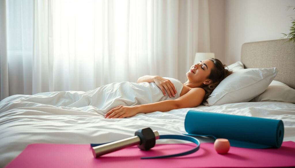 a serene bedroom with soft natural lighting streaming through sheer curtains, a person lying comfortably in bed, eyes closed, with a peaceful expression, a yoga mat and exercise equipment neatly arranged in the foreground, suggesting a healthy lifestyle and balance between exercise and rest, the overall atmosphere conveying a sense of tranquility and rejuvenation a serene bedroom with soft natural lighting streaming through sheer curtains, a person lying comfortably in bed, eyes closed, with a peaceful expression, a yoga mat and exercise equipment neatly arranged in the foreground, suggesting a healthy lifestyle and balance between exercise and rest, the overall atmosphere conveying a sense of tranquility and rejuvenation