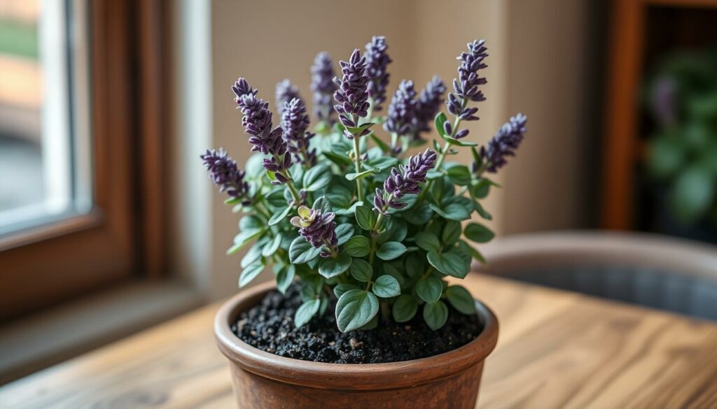 mona lavender plectranthus plant in a rustic ceramic pot, placed on a wooden table, with natural lighting from a nearby window. the pot is filled with rich, dark soil and the leaves of the plant are a vibrant, lush purple-green color. the background is slightly blurred, creating a soft, calming atmosphere. the lighting is warm and diffused, highlighting the delicate details of the plant's foliage. the overall composition conveys a sense of tranquility and care, reflecting the ideal growing conditions for this beautiful houseplant. mona lavender plectranthus plant in a rustic ceramic pot, placed on a wooden table, with natural lighting from a nearby window. the pot is filled with rich, dark soil and the leaves of the plant are a vibrant, lush purple-green color. the background is slightly blurred, creating a soft, calming atmosphere. the lighting is warm and diffused, highlighting the delicate details of the plant's foliage. the overall composition conveys a sense of tranquility and care, reflecting the ideal growing conditions for this beautiful houseplant.